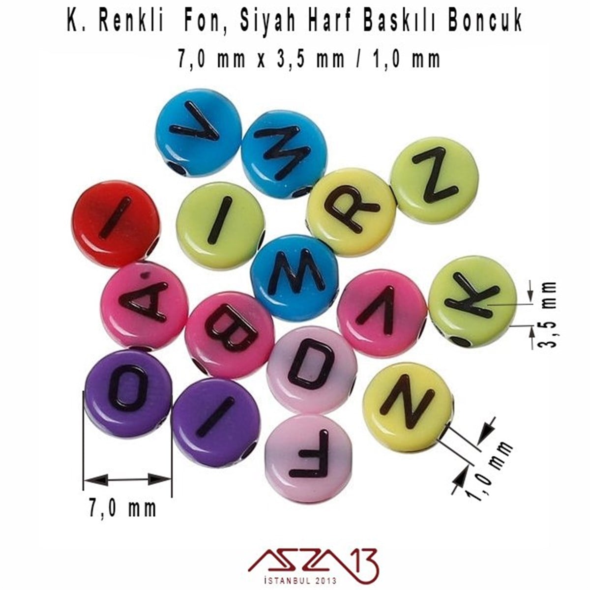 385 Adet 7 mm Karışık Renkli Fon, Siyah Harfli Yassı Yuvarlak Boncuk (50 Gr)