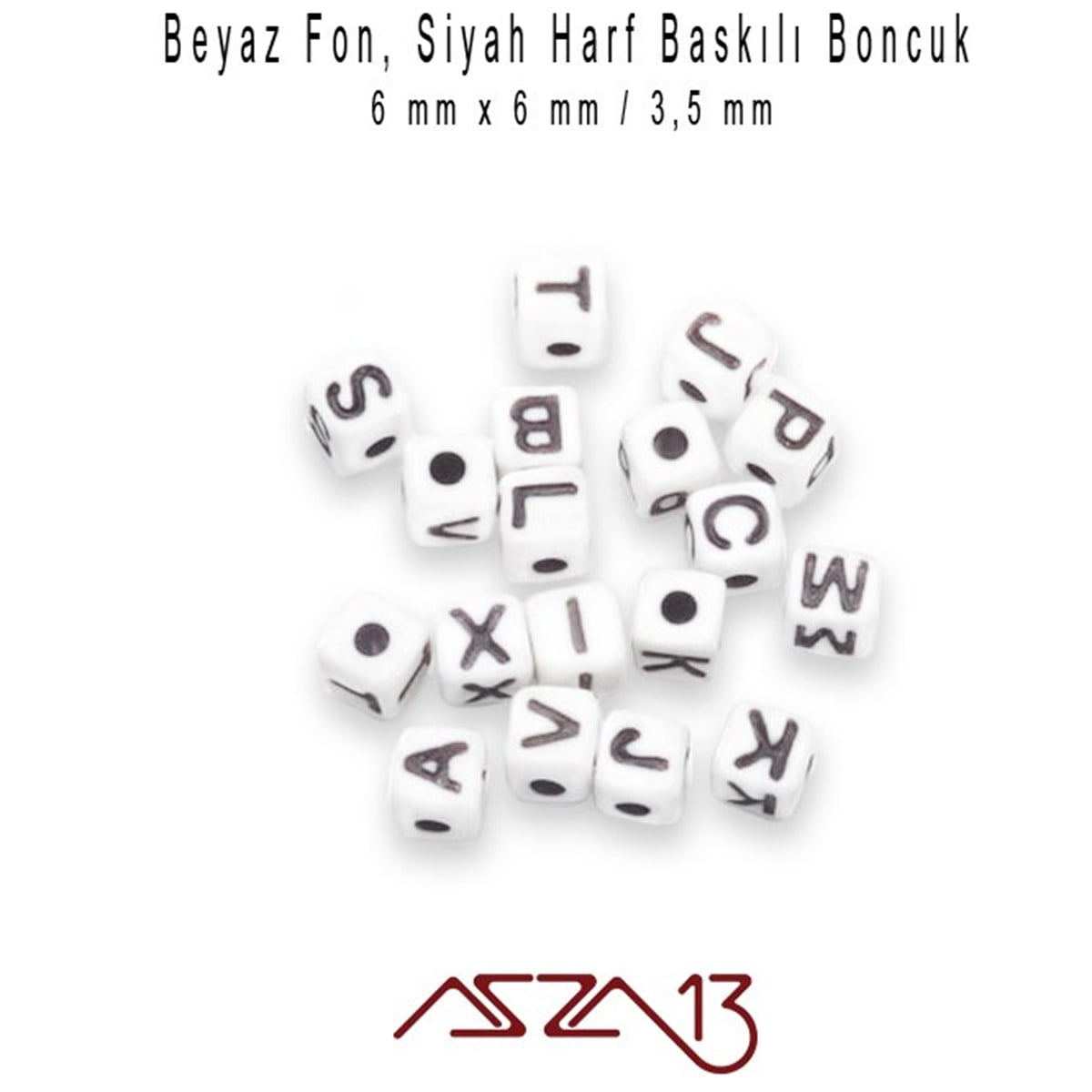 Beyaz Zemin * Siyah Harf - Küp (Zar) Boncuk - 6 mm / 300 Adet