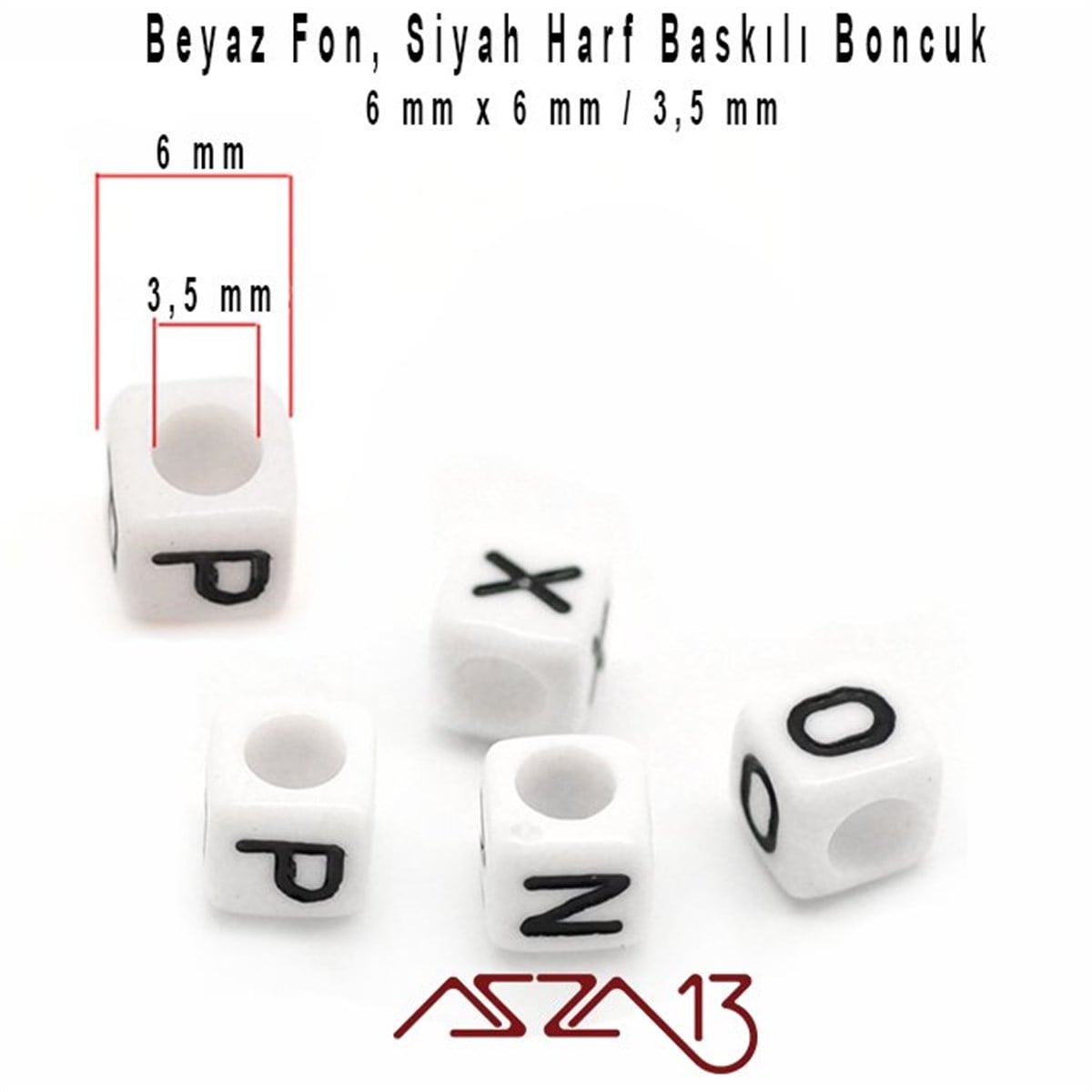 Beyaz Zemin * Siyah Harf - Küp (Zar) Boncuk - 6 mm / 300 Adet