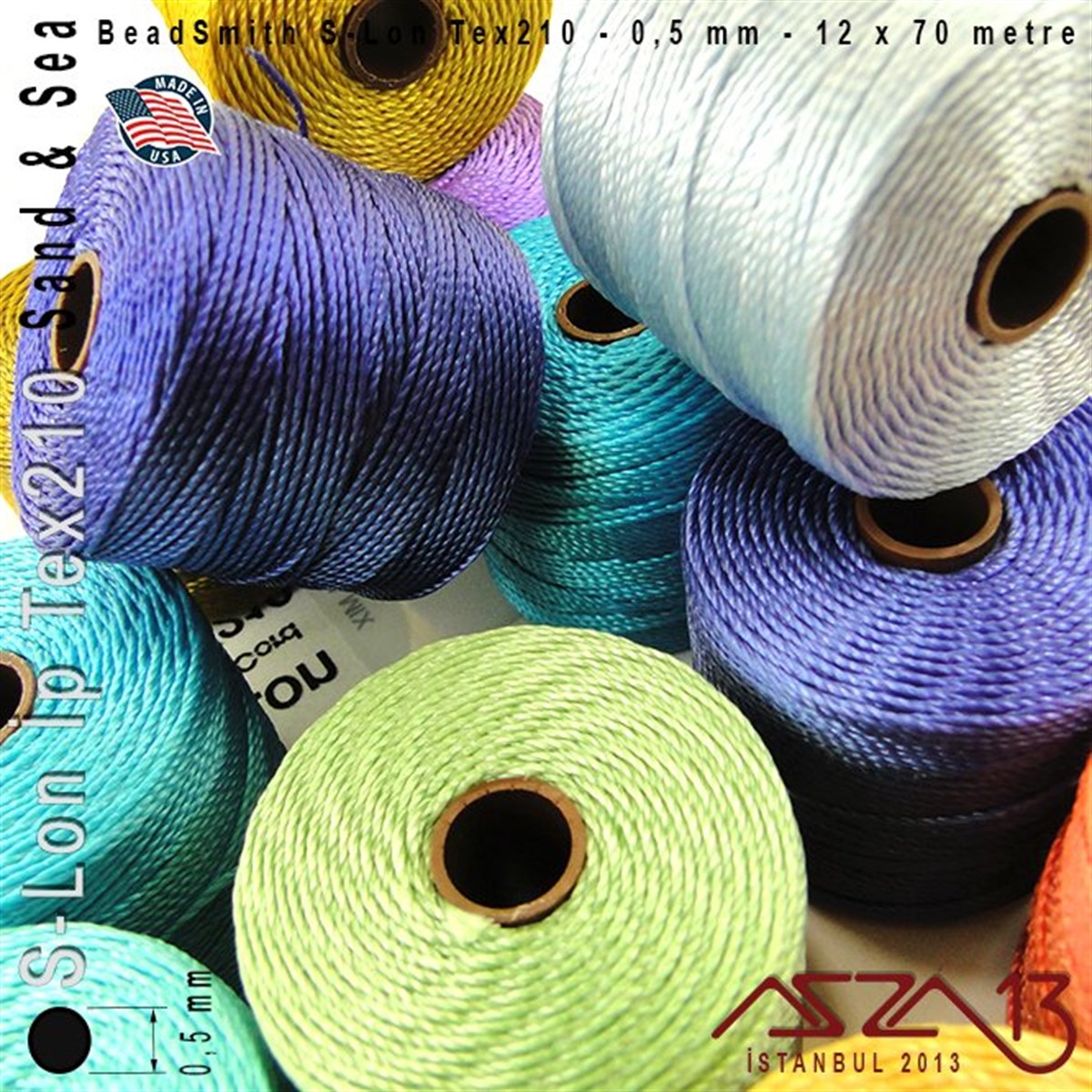 S-Lon Tex210 Bead Cord - Sand&Sea - Kum ve Deniz - 0,50 mm Kalınlıkta İp / 12li Set 12x70 metre