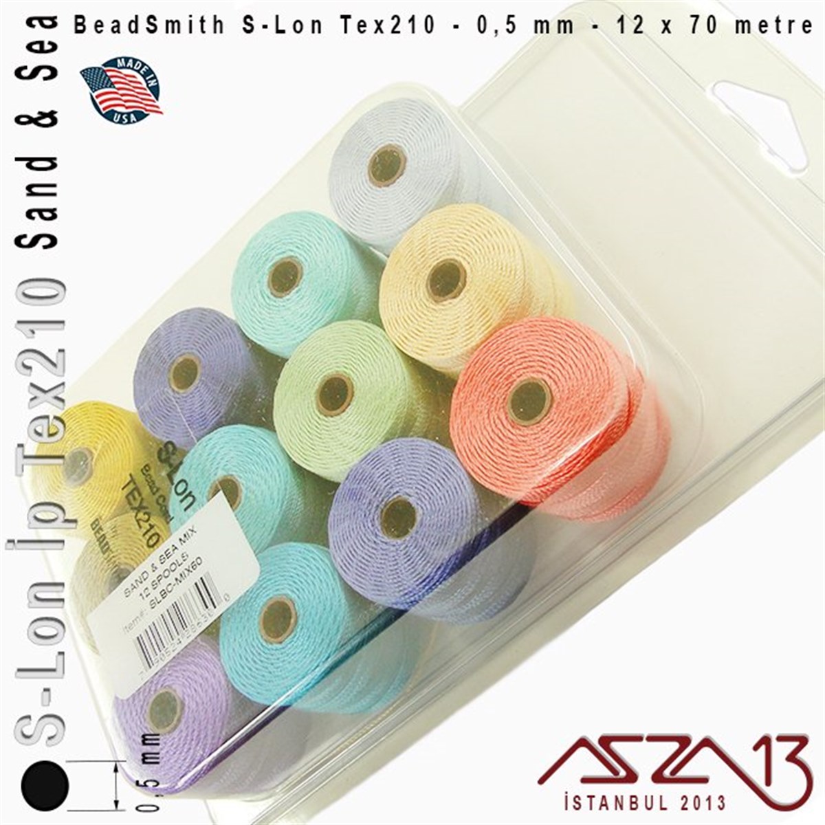 S-Lon Tex210 Bead Cord - Sand&Sea - Kum ve Deniz - 0,50 mm Kalınlıkta İp / 12li Set 12x70 metre