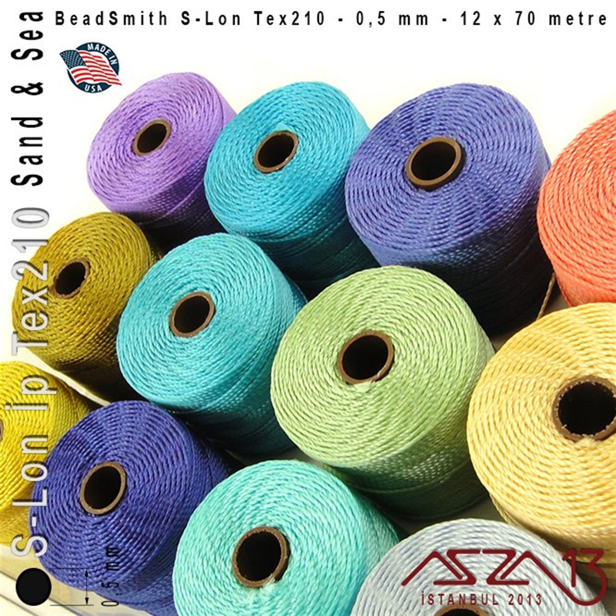 S-Lon Tex210 Bead Cord - Sand&Sea - Kum ve Deniz - 0,50 mm Kalınlıkta İp / 12li Set 12x70 metre