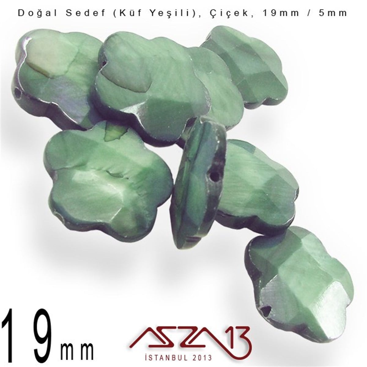 19 mm Küf Yeşili, Doğal Sedef Çiçek Boncuk / Paket İçeriği 8 Adet