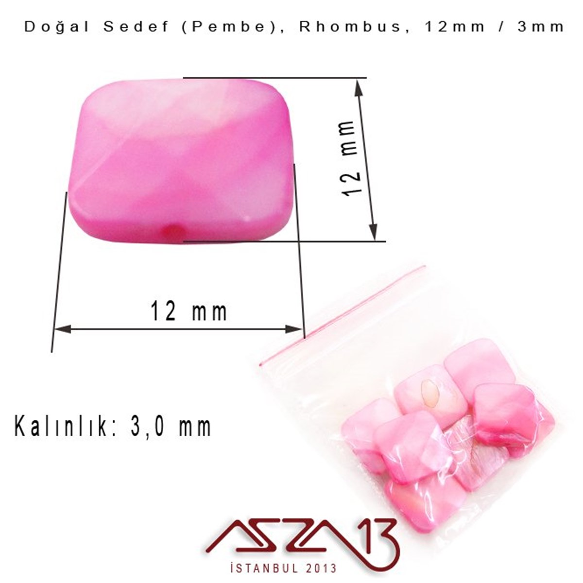 12 mm Pembe, Doğal Sedef Rhombus Boncuk / Paket İçeriği 8 Adet