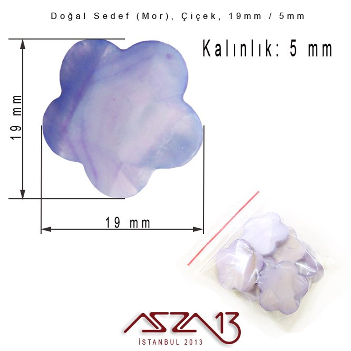 19 mm Mor, Doğal Sedef Çiçek Boncuk / Paket İçeriği 8 Adet