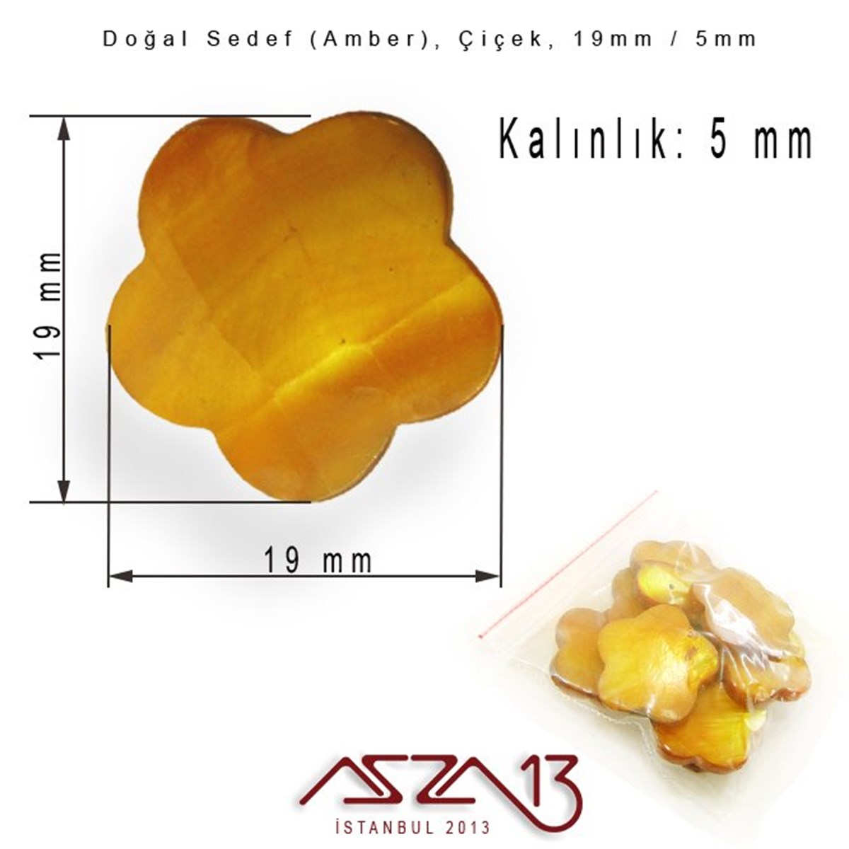19 mm Amber, Doğal Sedef Çiçek Boncuk / Paket İçeriği 8 Adet
