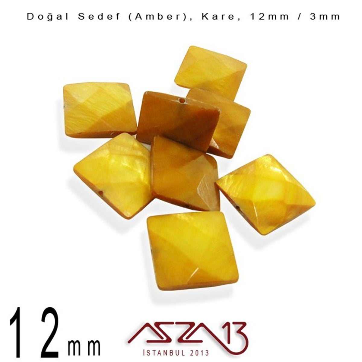 12 mm Amber, Doğal Sedef Kare Boncuk / Paket İçeriği 8 Adet