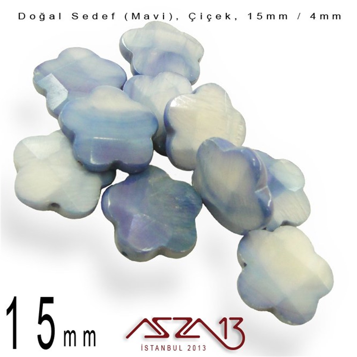 15 mm Mavi, Doğal Sedef Çiçek Boncuk / Paket İçeriği 10 Adet