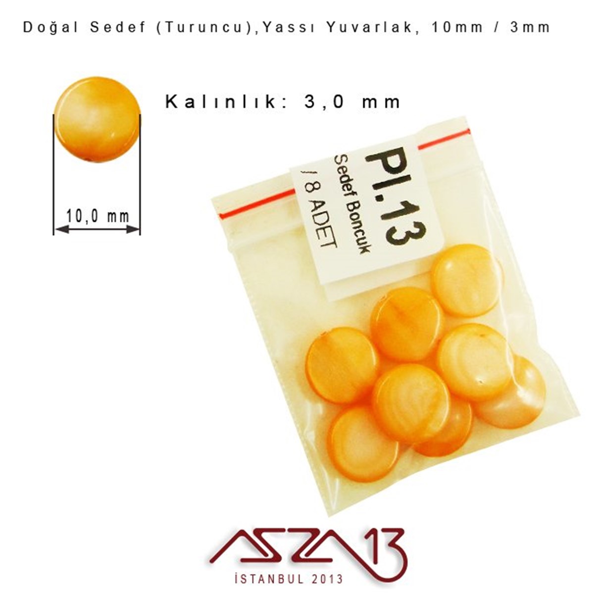 10 mm Turuncu, Doğal Sedef Yassı Yuvarlak Boncuk / Paket İçeriği 8 Adet