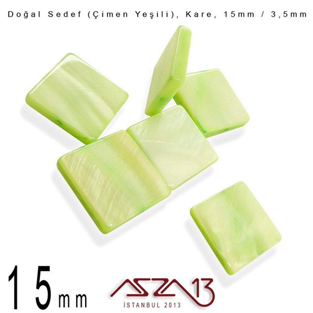 15 mm Çimen Yeşili, Doğal Sedef Kare Boncuk / Paket İçeriği 6 Adet