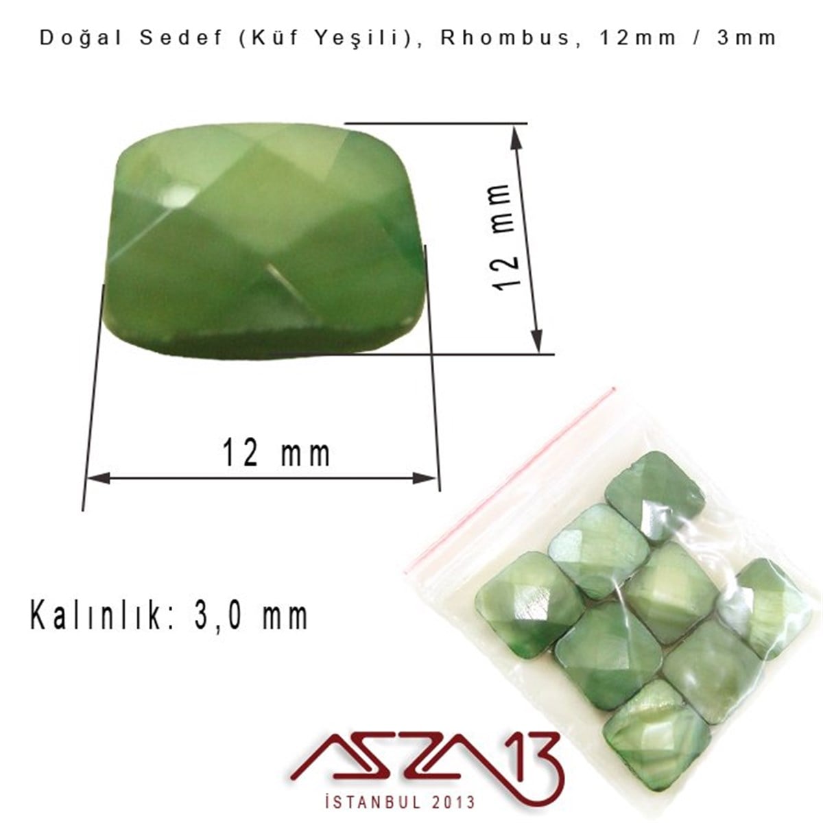 12 mm Küf Yeşili, Doğal Sedef Rhombus Boncuk / Paket İçeriği 8 Adet