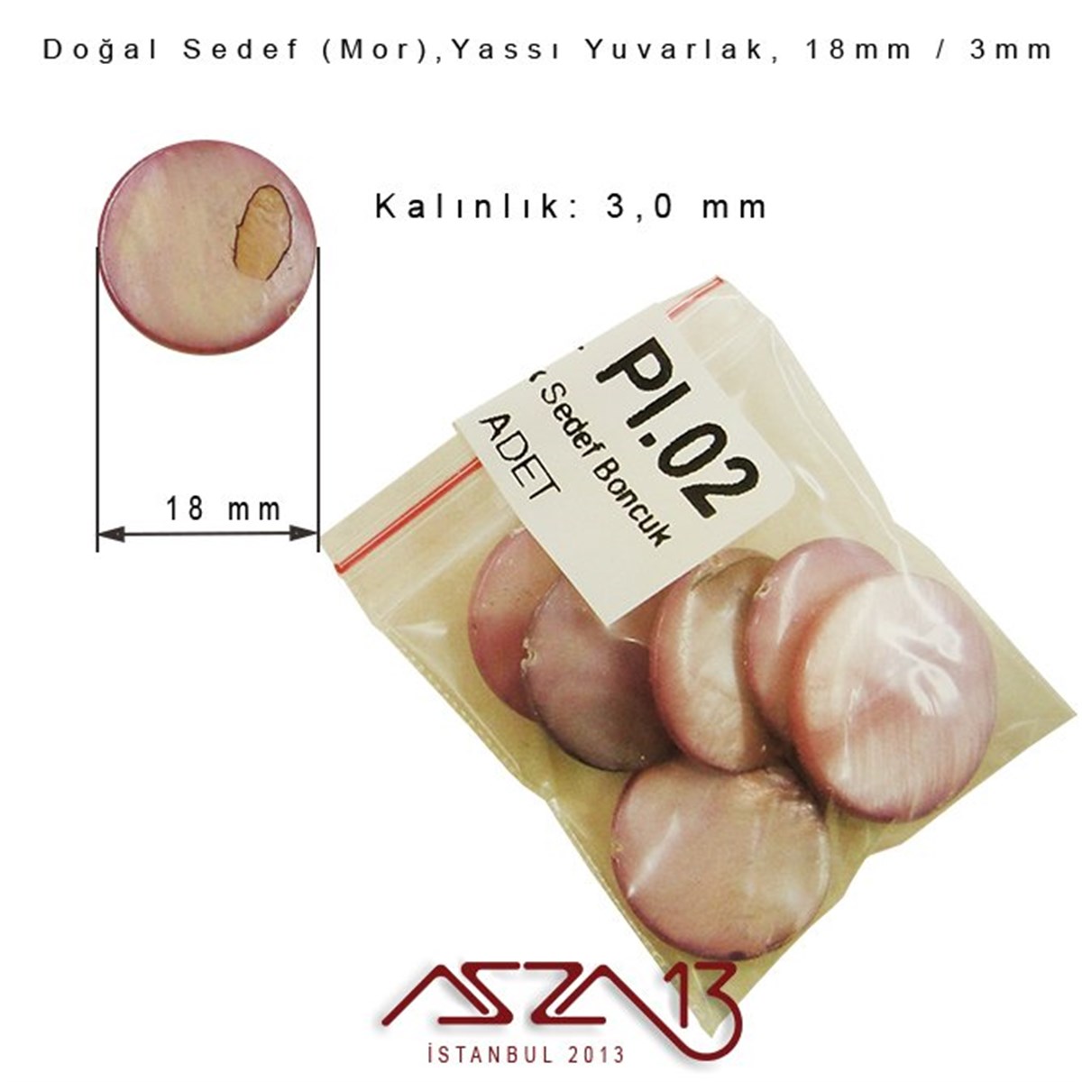 18 mm Mor, Doğal Sedef Yassı Yuvarlak Boncuk / Paket İçeriği 6 Adet