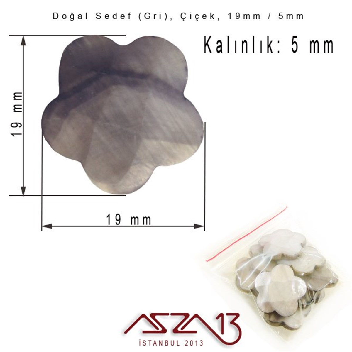 19 mm Gri, Doğal Sedef Çiçek Boncuk / Paket İçeriği 8 Adet