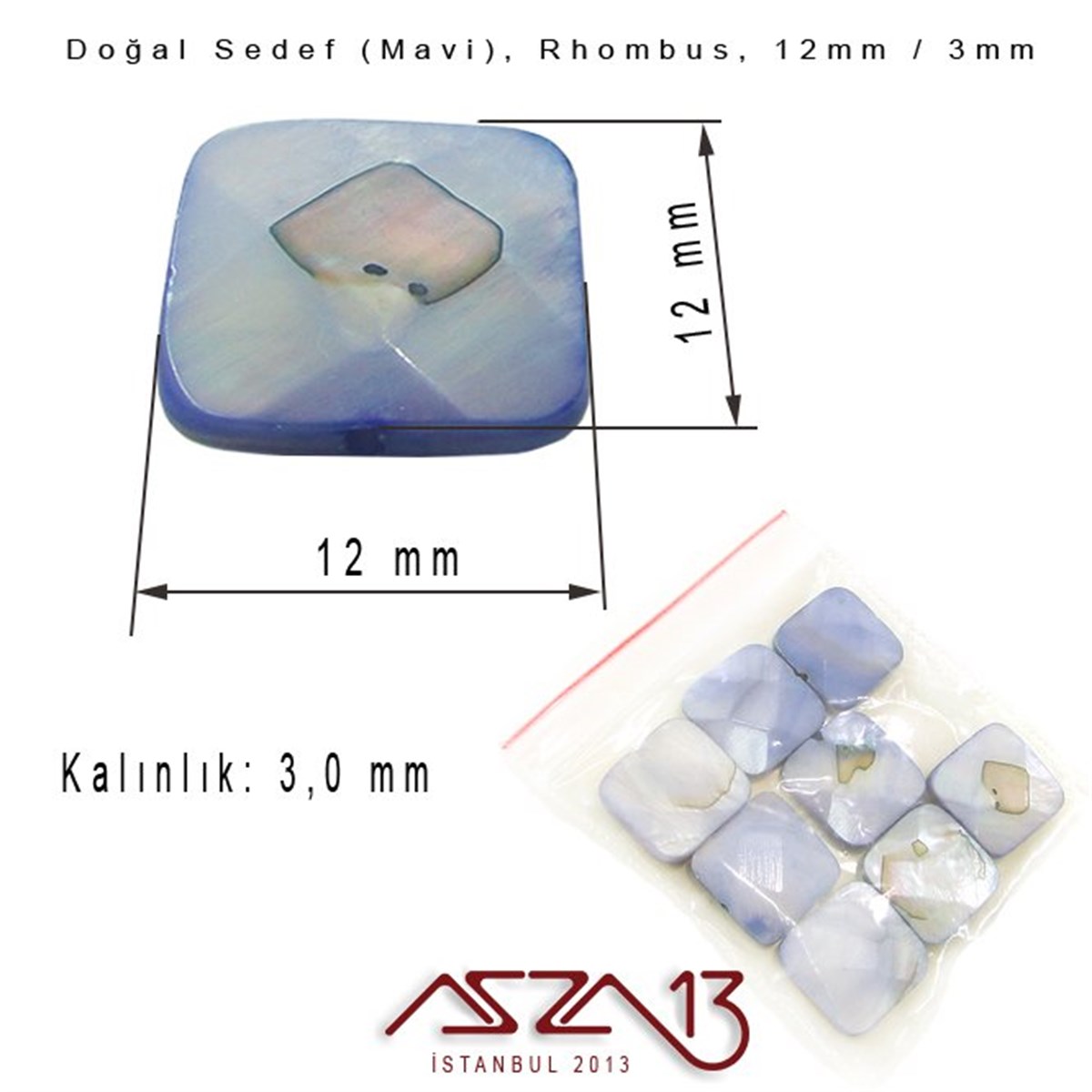 12 mm Mavi, Doğal Sedef Rhombus Boncuk / Paket İçeriği 8 Adet