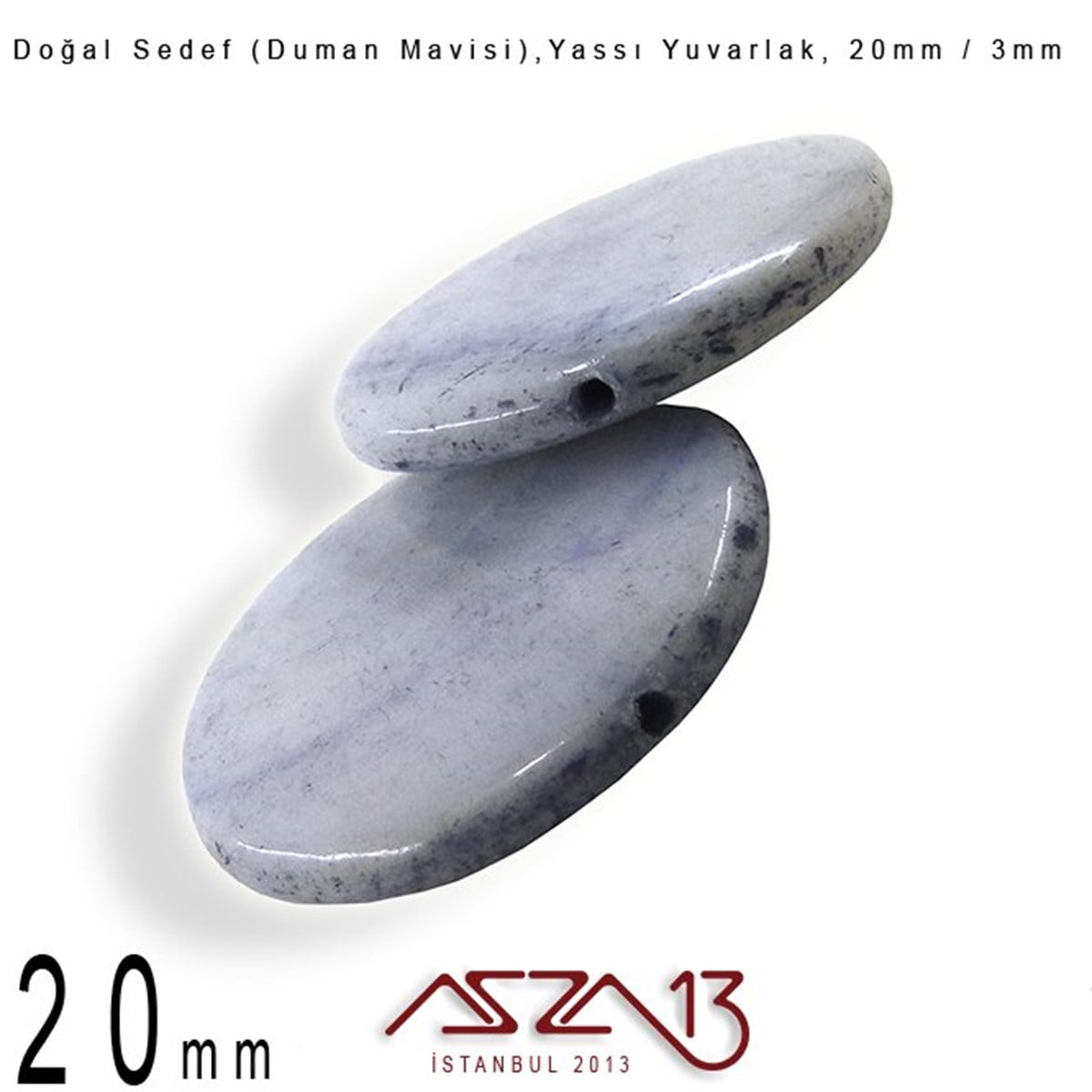 20 mm Duman Mavisi, Doğal Sedef Yassı Yuvarlak Boncuk  / Paket İçeriği 6 Adet