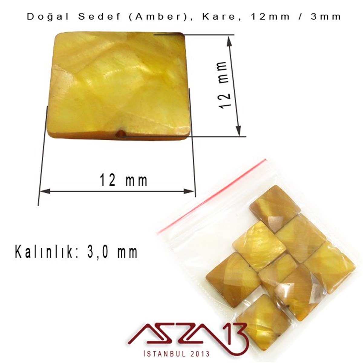 12 mm Amber, Doğal Sedef Kare Boncuk / Paket İçeriği 8 Adet