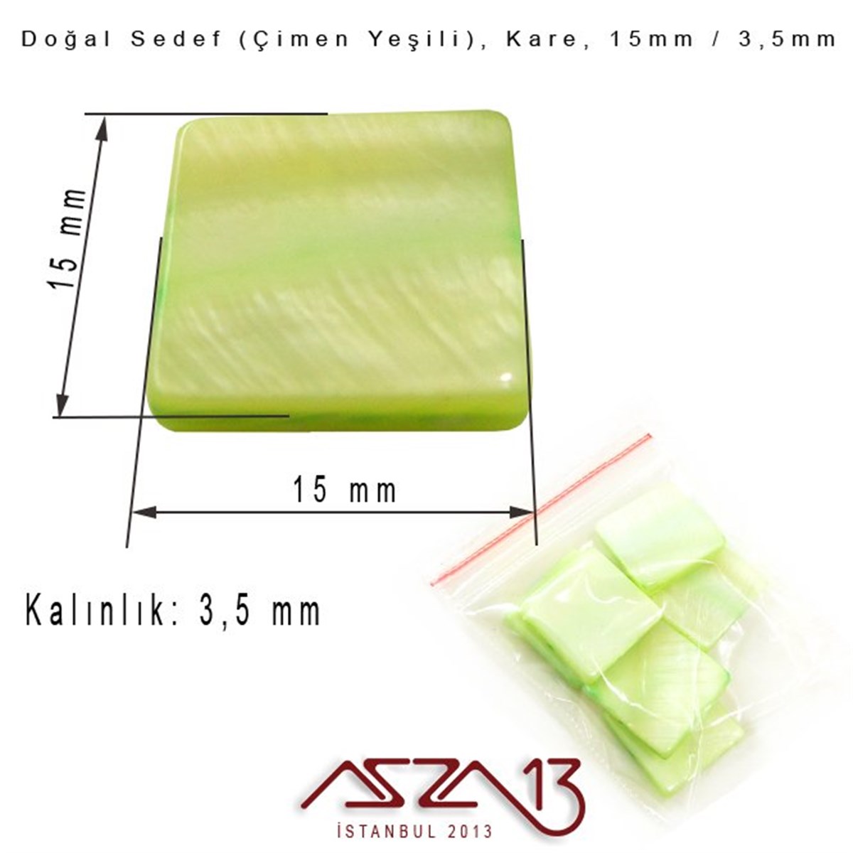 15 mm Çimen Yeşili, Doğal Sedef Kare Boncuk / Paket İçeriği 6 Adet