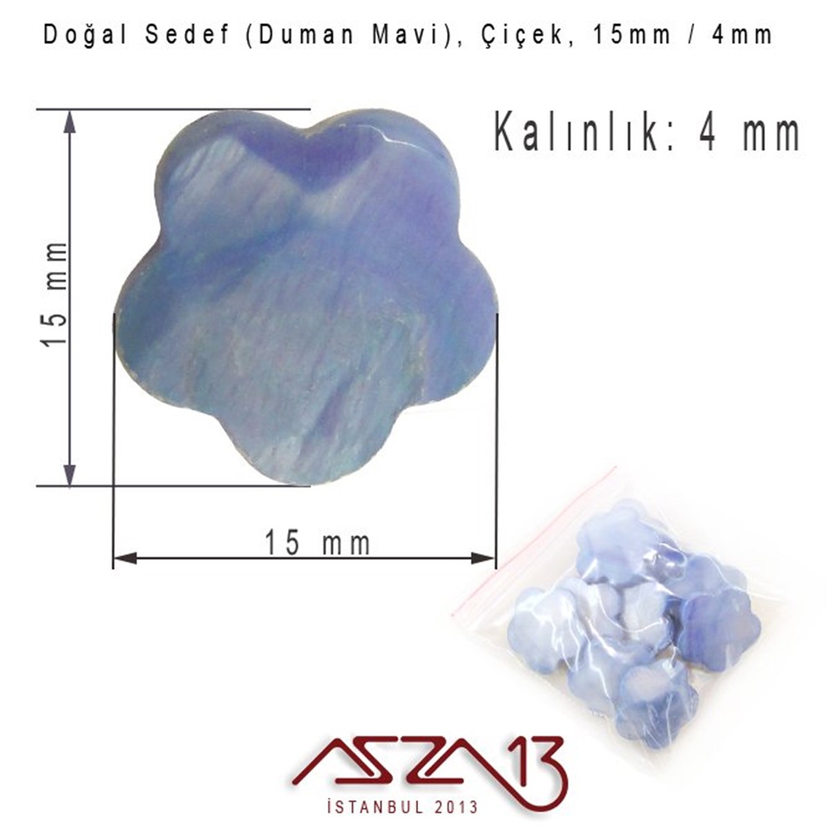 15 mm Mavi, Doğal Sedef Çiçek Boncuk / Paket İçeriği 10 Adet