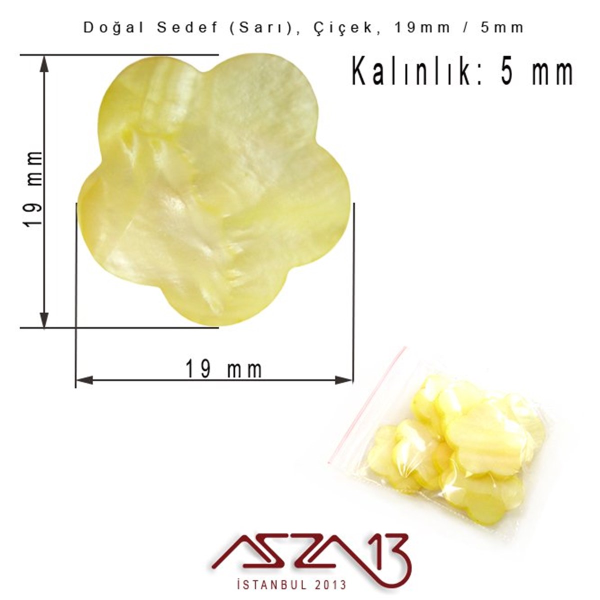 19 mm Sarı, Doğal Sedef Çiçek Boncuk / Paket İçeriği 8 Adet