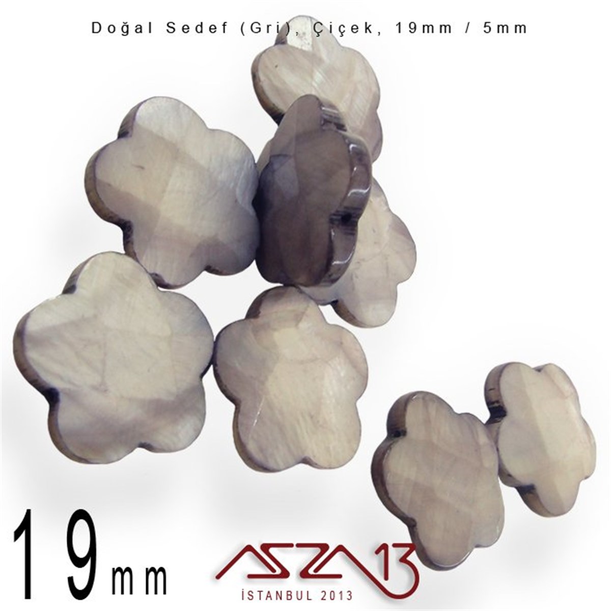 19 mm Gri, Doğal Sedef Çiçek Boncuk / Paket İçeriği 8 Adet