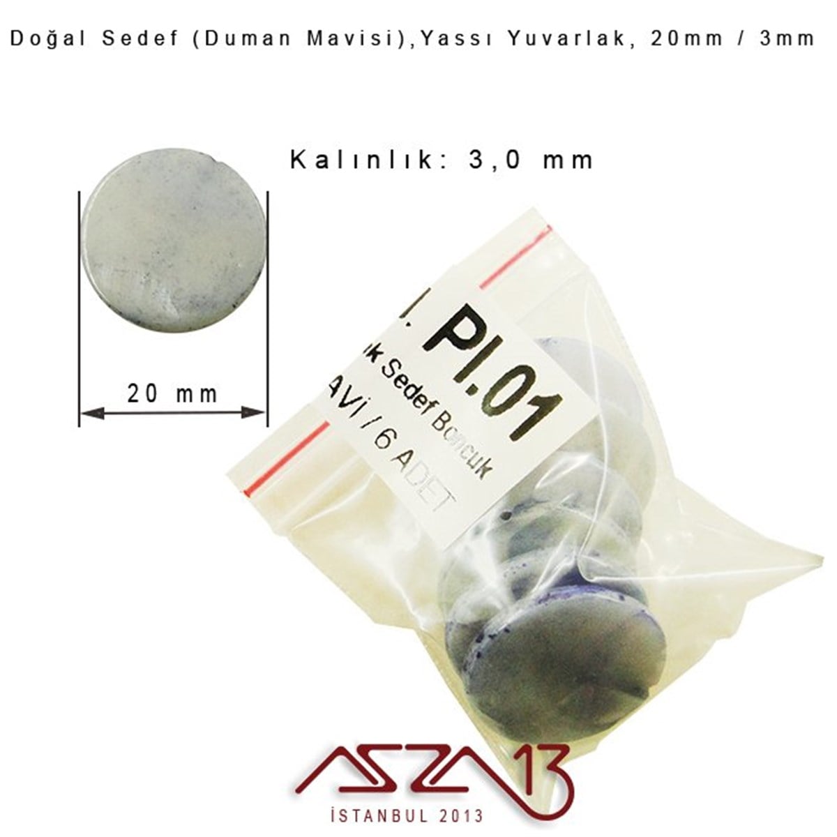 20 mm Duman Mavisi, Doğal Sedef Yassı Yuvarlak Boncuk  / Paket İçeriği 6 Adet