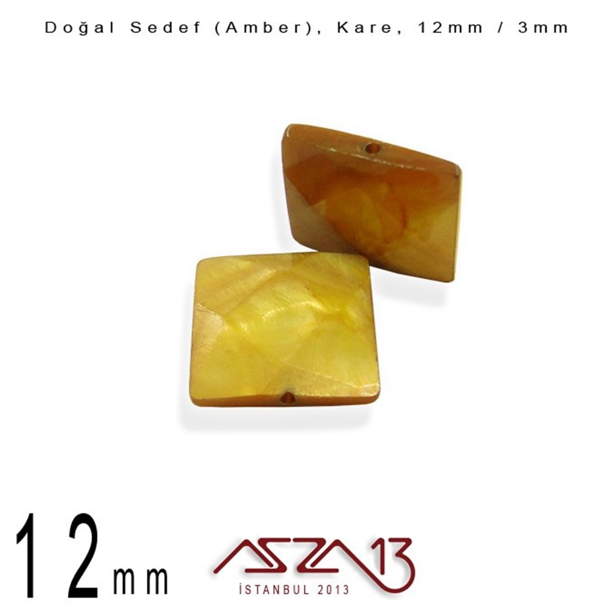 12 mm Amber, Doğal Sedef Kare Boncuk / Paket İçeriği 8 Adet
