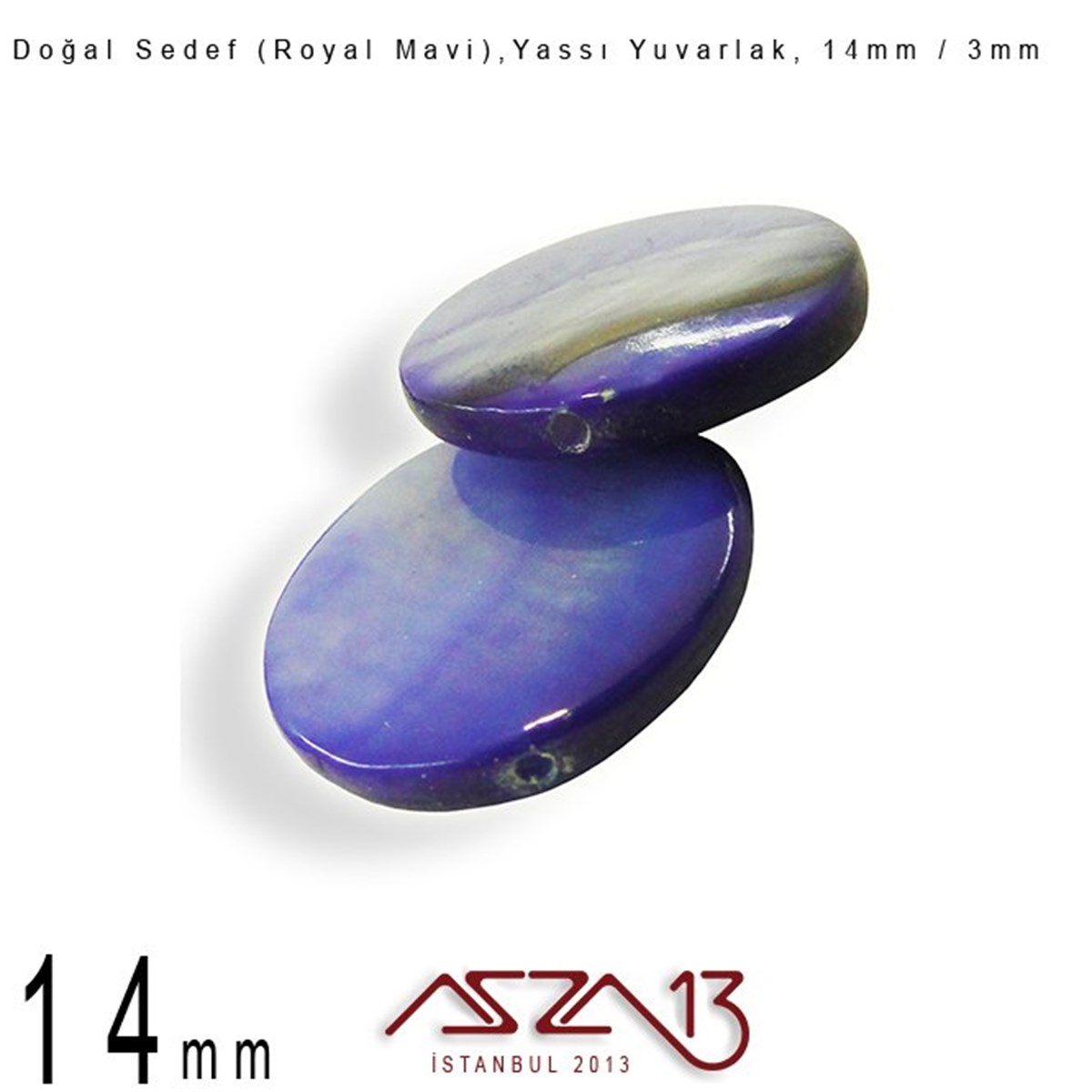 14 mm Royal Mavi, Doğal Sedef Yassı Yuvarlak Boncuk / Paket İçeriği 8 Adet
