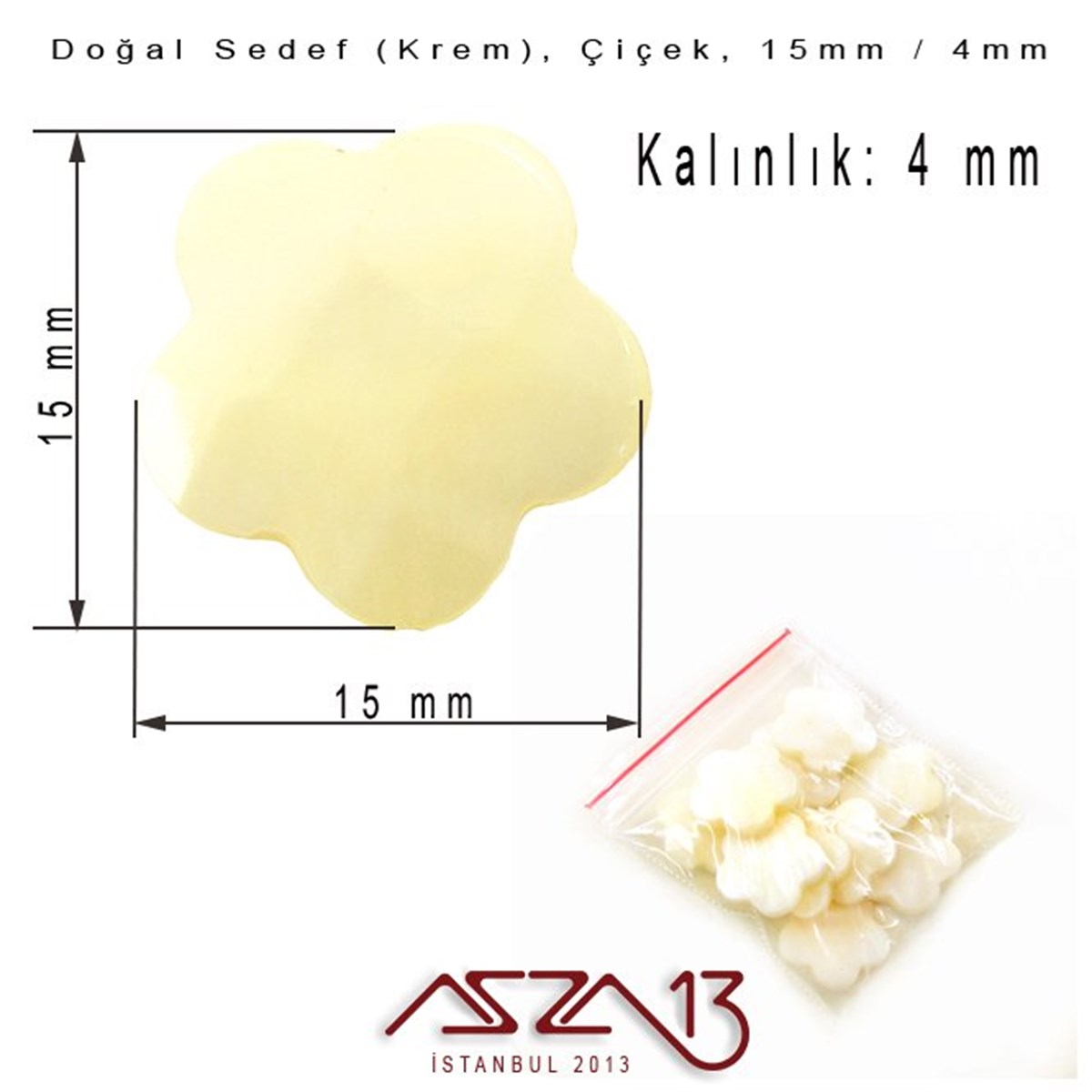 15 mm Krem, Doğal Sedef Çiçek Boncuk / Paket İçeriği 10 Adet