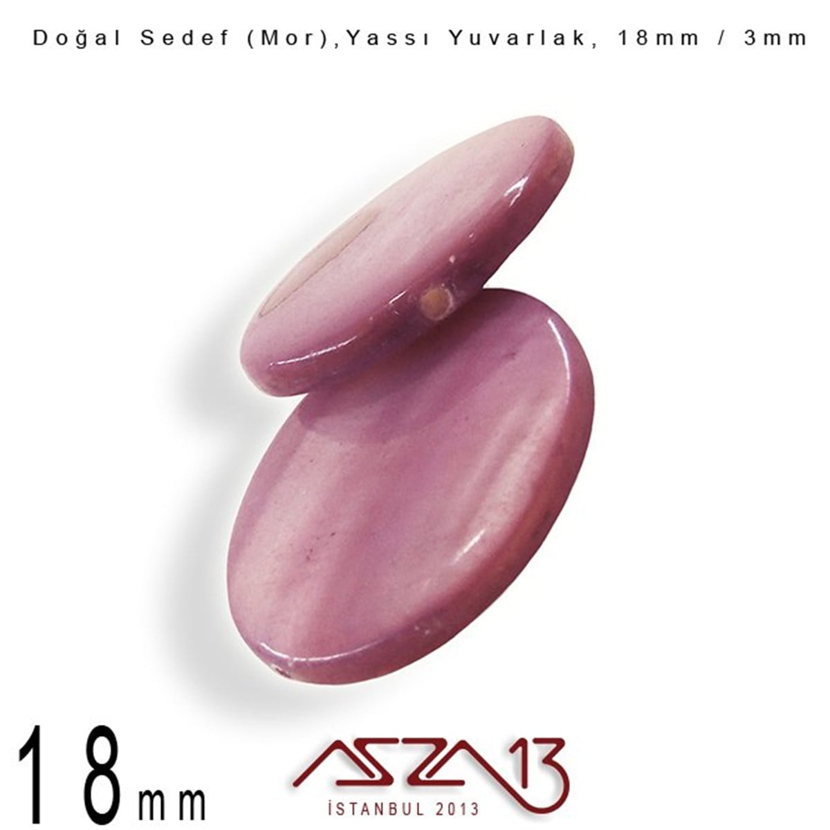 18 mm Mor, Doğal Sedef Yassı Yuvarlak Boncuk / Paket İçeriği 6 Adet