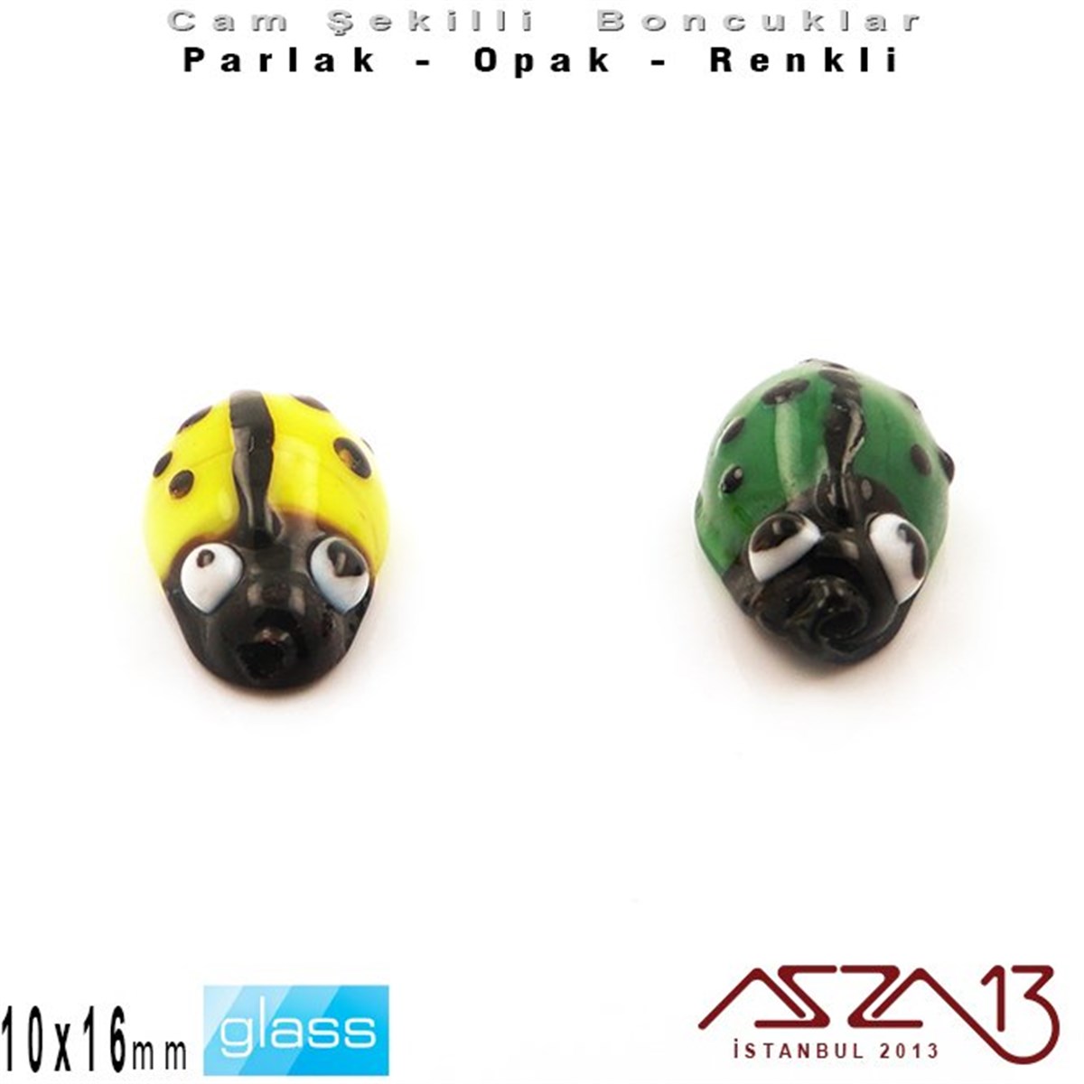 10x16 mm - Parlak ve Opak - Cam - Sarı ve Yeşil - Uğur Böceği Boncuk / 1 Adet