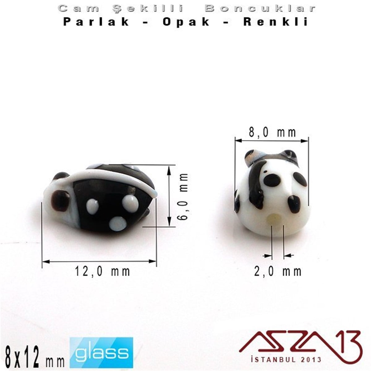 8x12 mm - Parlak ve Opak - Cam - Siyah ve Beyaz - Uğur Böceği Boncuk / 1 Adet