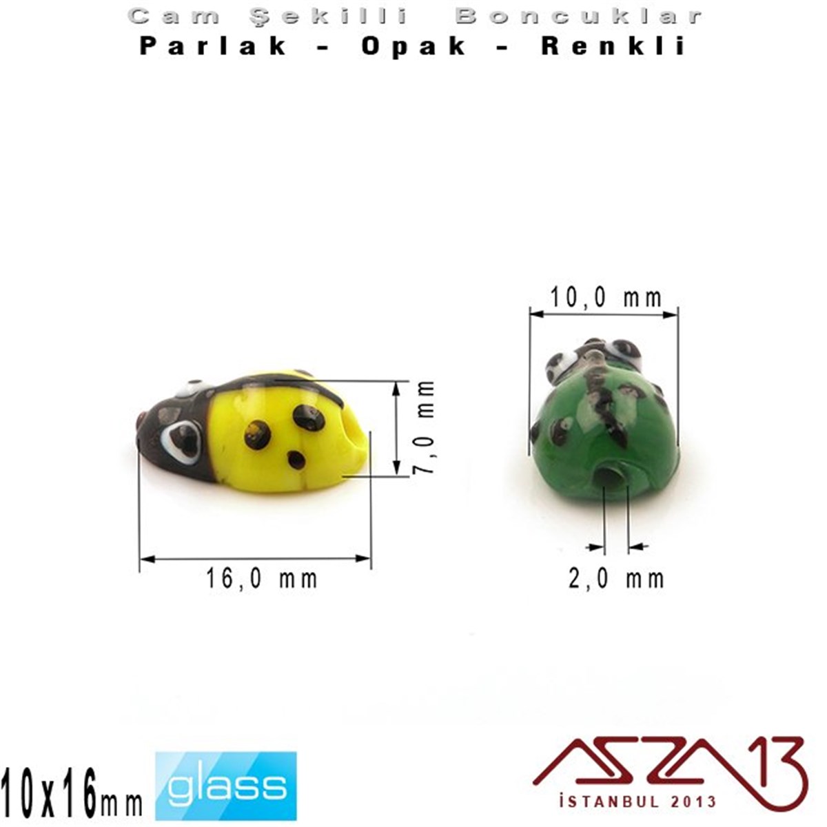 10x16 mm - Parlak ve Opak - Cam - Sarı ve Yeşil - Uğur Böceği Boncuk / 1 Adet