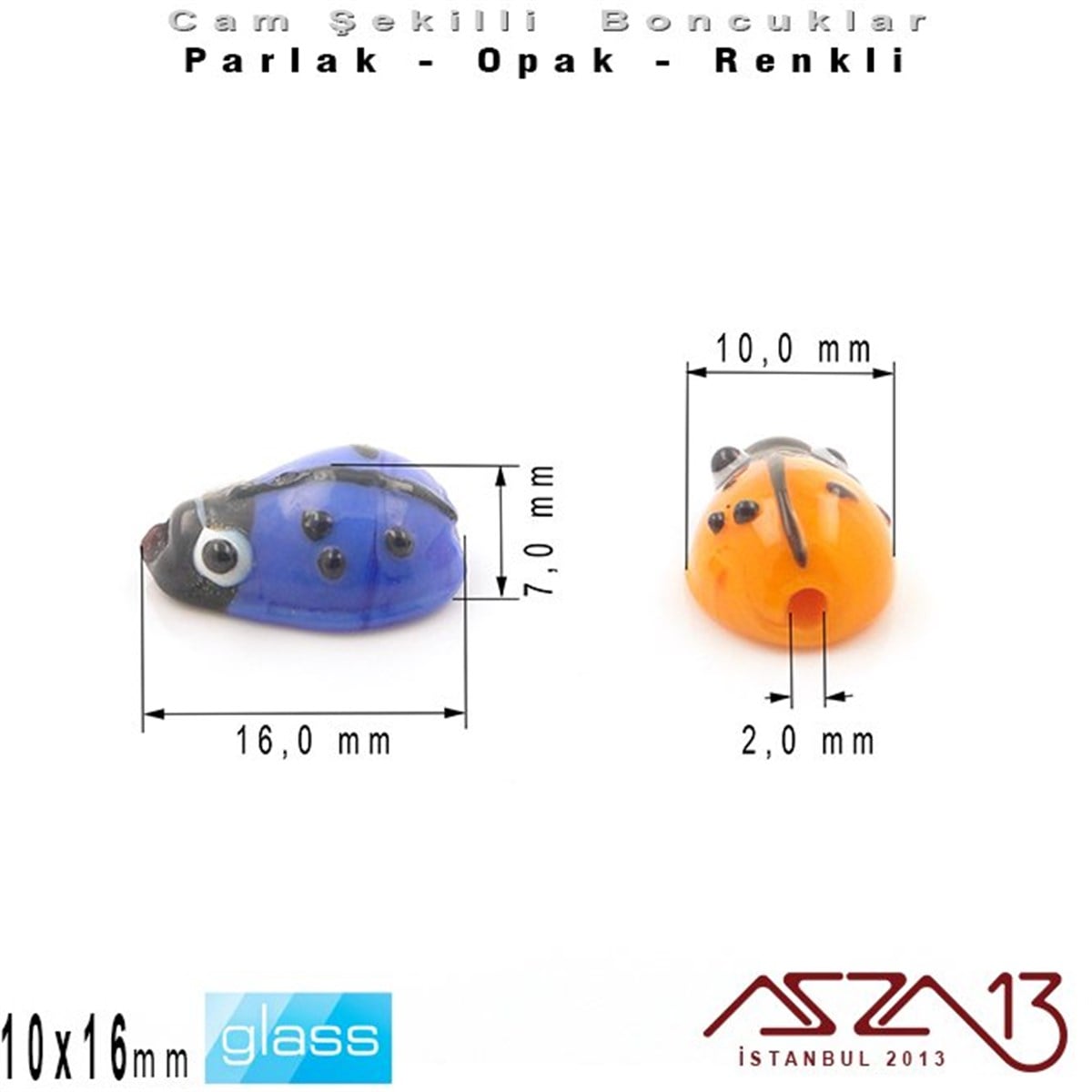 10x16 mm - Parlak ve Opak - Cam - Turuncu ve Lacivert - Uğur Böceği Boncuk / 1 Adet