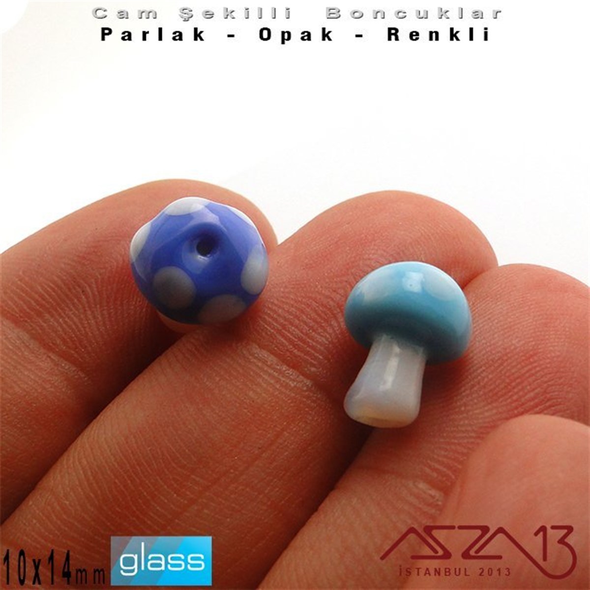 10x14 mm - Parlak ve Opak - Cam - Lacivert ve Gök Mavi - Mantar Boncuk / 1 Adet