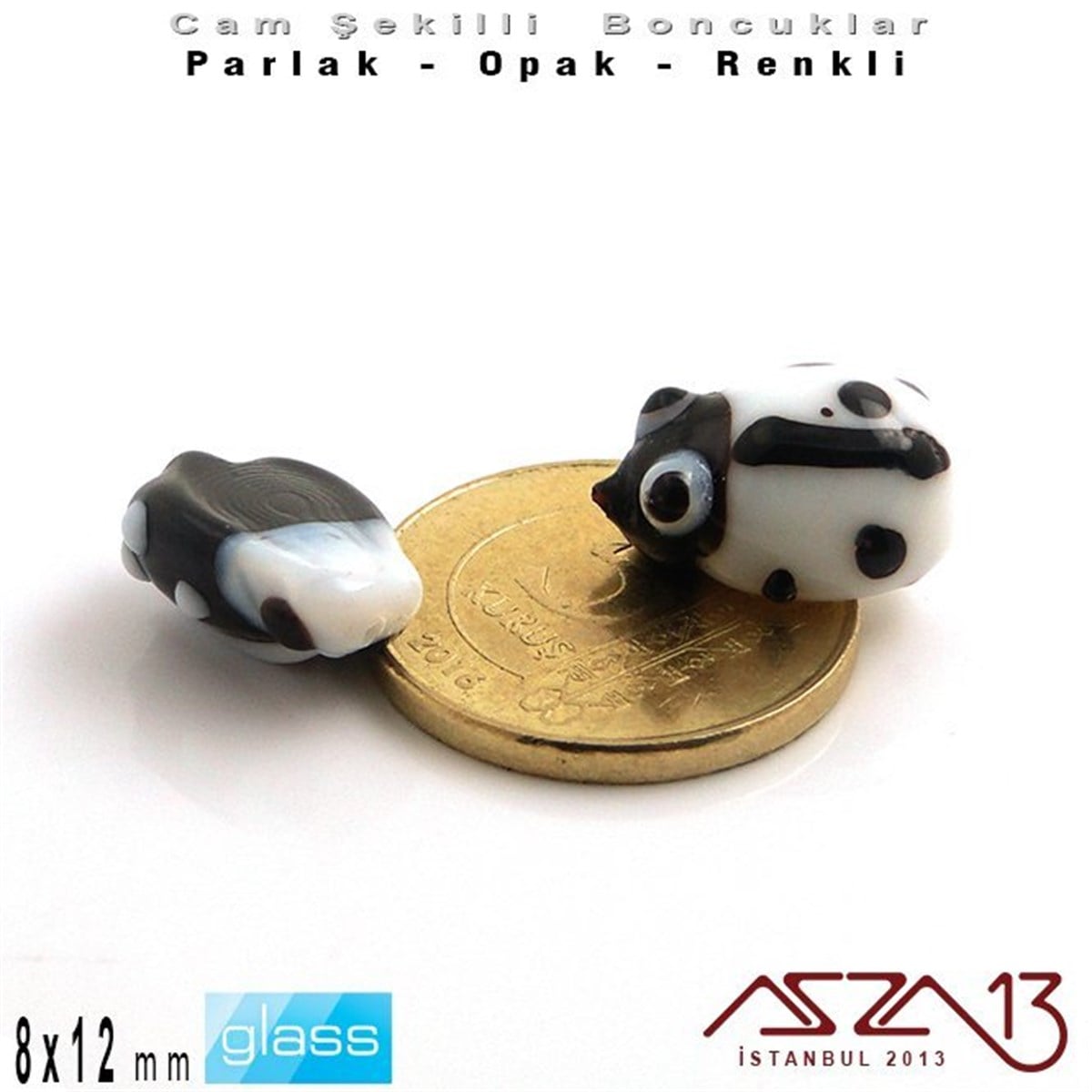 8x12 mm - Parlak ve Opak - Cam - Siyah ve Beyaz - Uğur Böceği Boncuk / 1 Adet