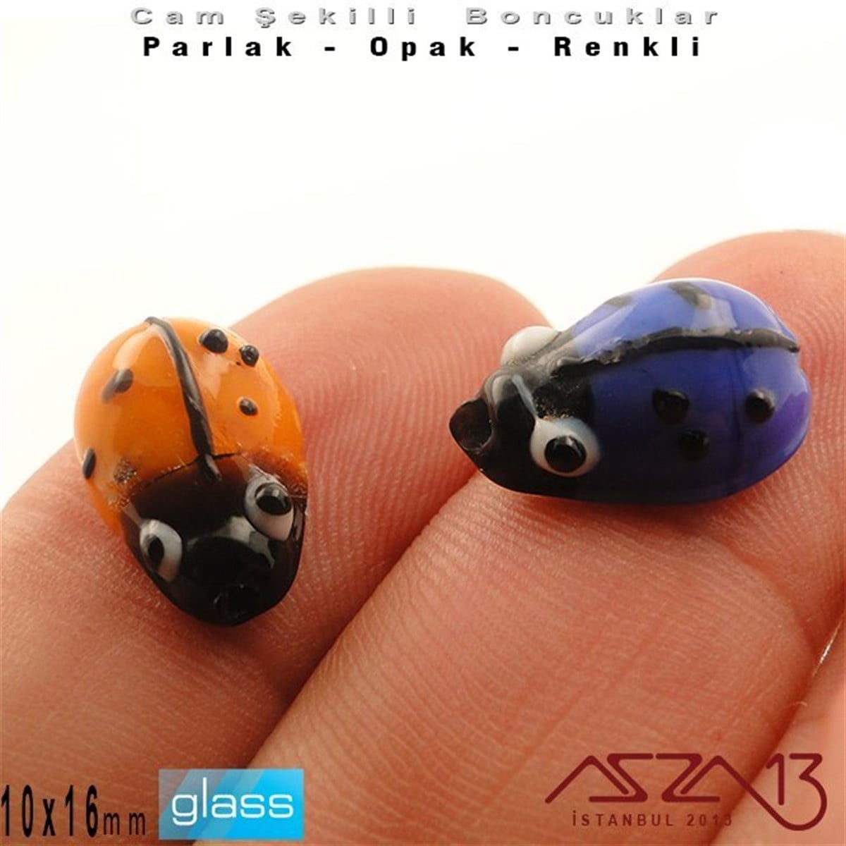 10x16 mm - Parlak ve Opak - Cam - Turuncu ve Lacivert - Uğur Böceği Boncuk / 1 Adet