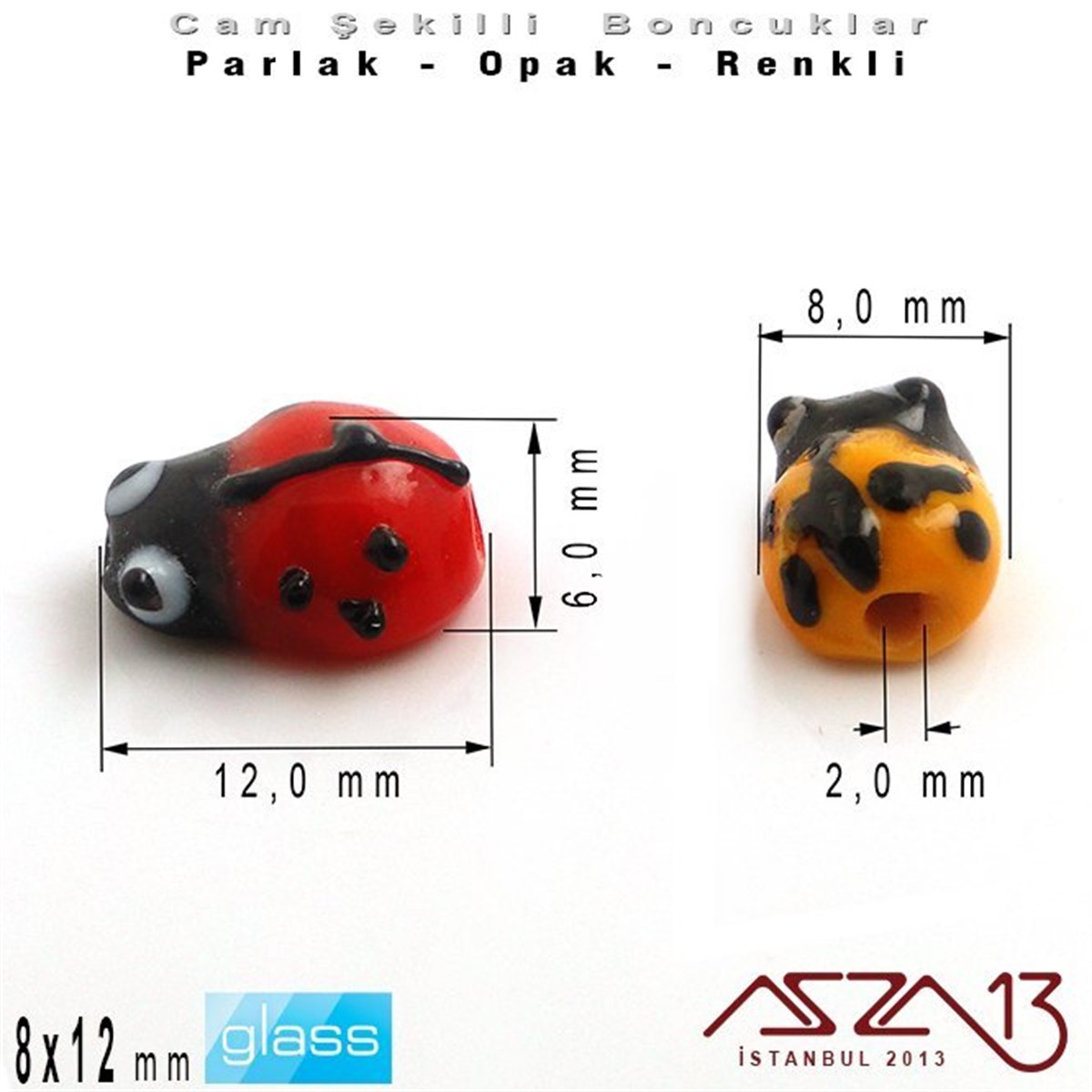 8x12 mm - Parlak ve Opak - Cam - Kırmızı ve Turuncu - Uğur Böceği Boncuk / 1 Adet