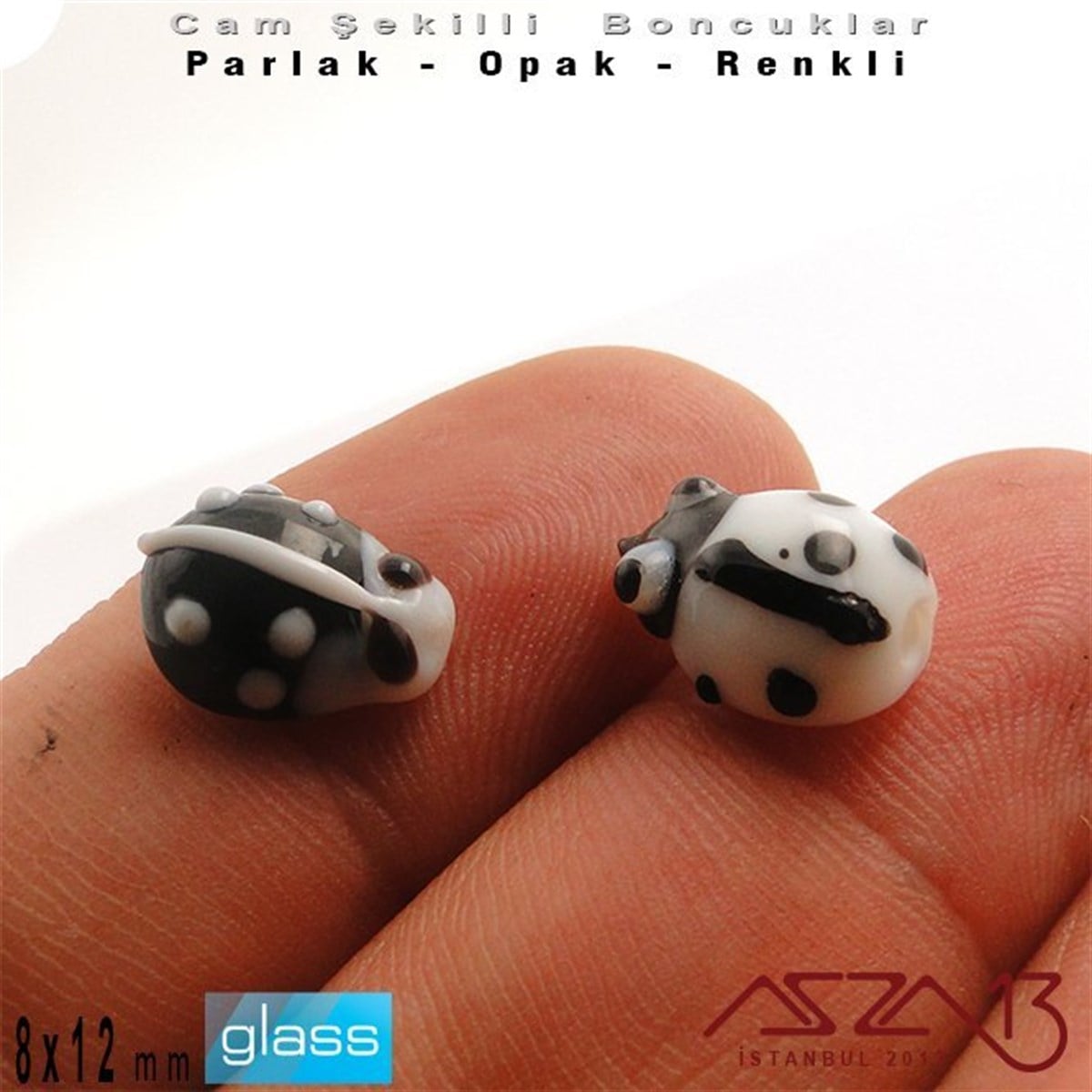8x12 mm - Parlak ve Opak - Cam - Siyah ve Beyaz - Uğur Böceği Boncuk / 1 Adet