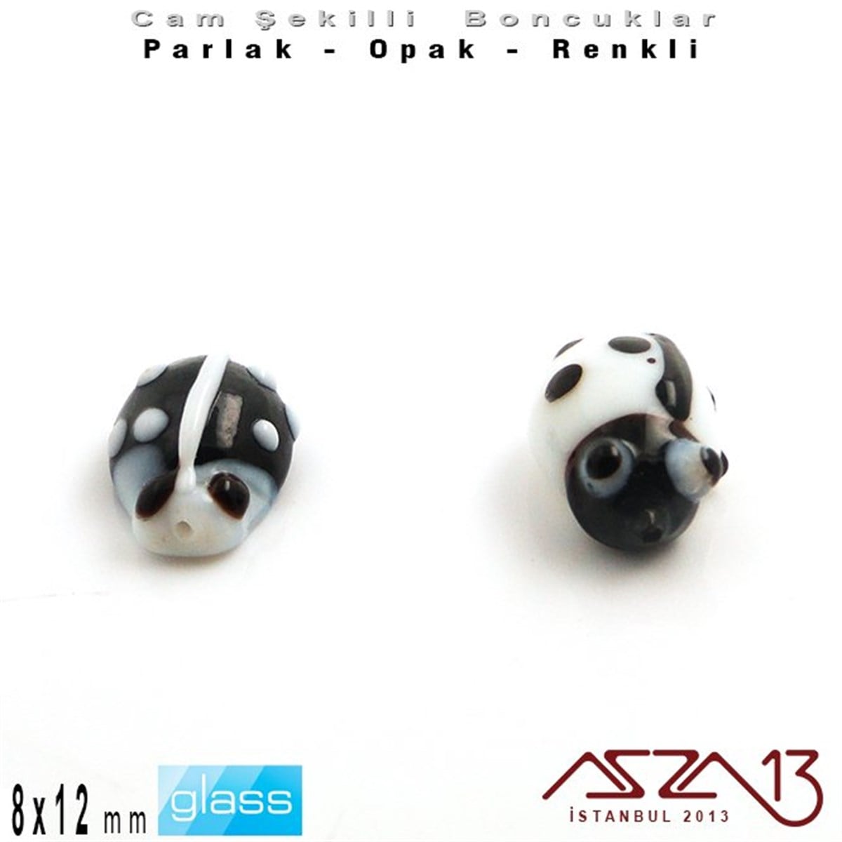 8x12 mm - Parlak ve Opak - Cam - Siyah ve Beyaz - Uğur Böceği Boncuk / 1 Adet