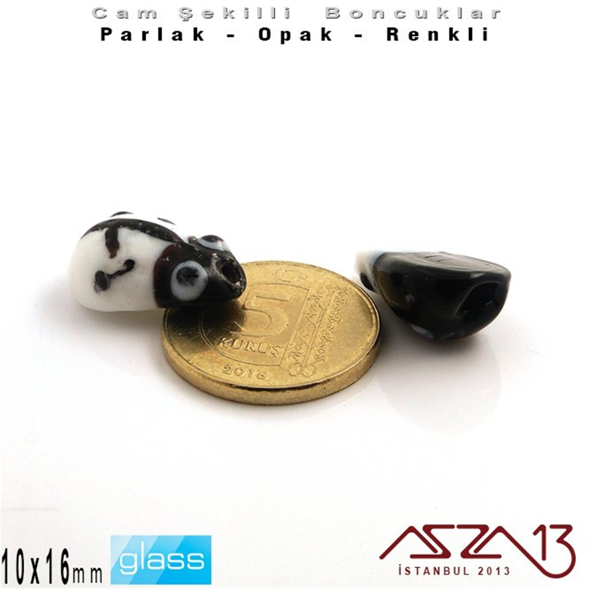 10x16 mm - Parlak ve Opak - Cam - Siyah ve Beyaz - Uğur Böceği Boncuk / 1 Adet