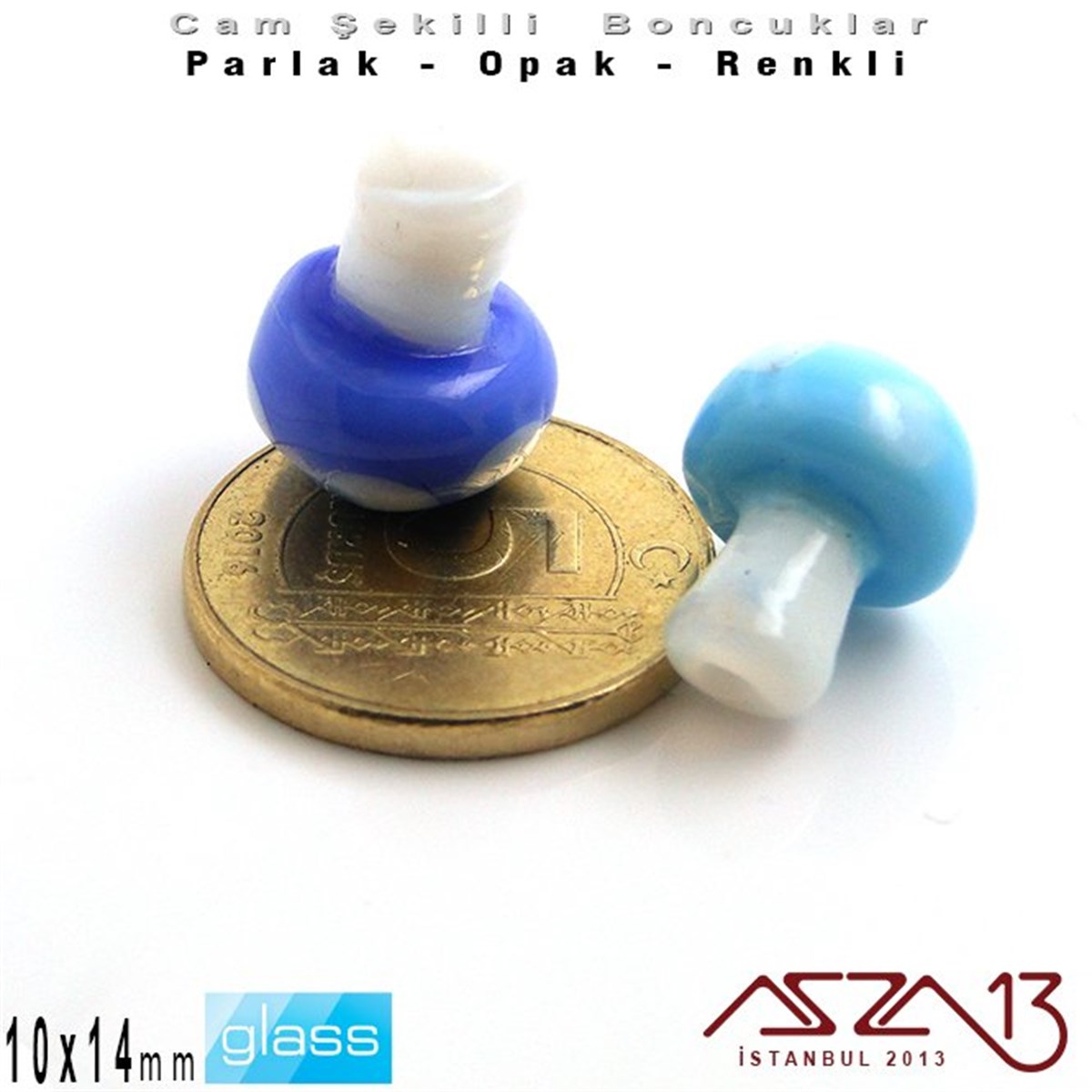 10x14 mm - Parlak ve Opak - Cam - Lacivert ve Gök Mavi - Mantar Boncuk / 1 Adet