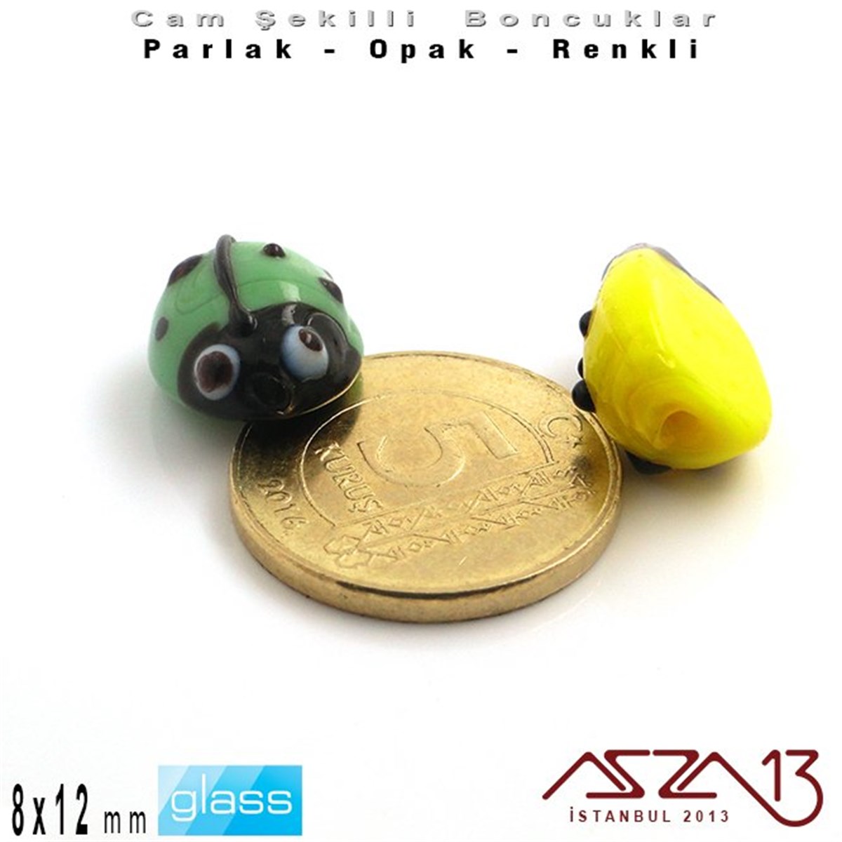 8x12 mm - Parlak ve Opak - Cam - Sarı ve Yeşil - Uğur Böceği Boncuk / 1 Adet