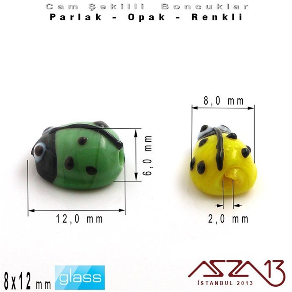 8x12 mm - Parlak ve Opak - Cam - Sarı ve Yeşil - Uğur Böceği Boncuk / 1 Adet