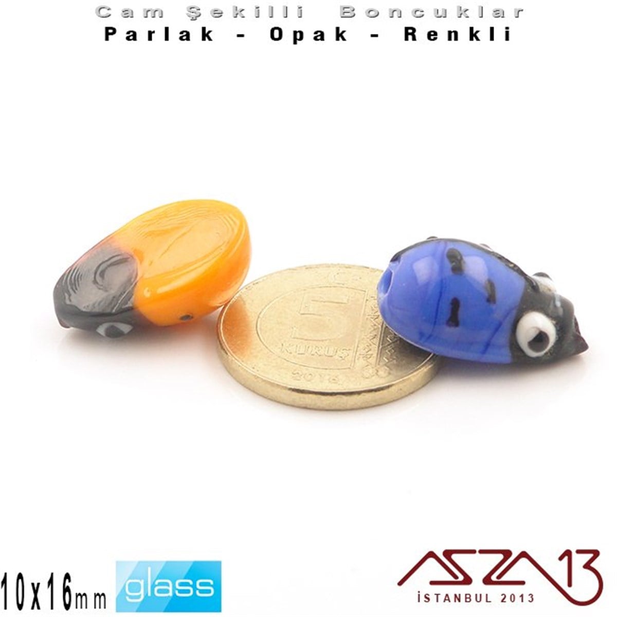 10x16 mm - Parlak ve Opak - Cam - Turuncu ve Lacivert - Uğur Böceği Boncuk / 1 Adet
