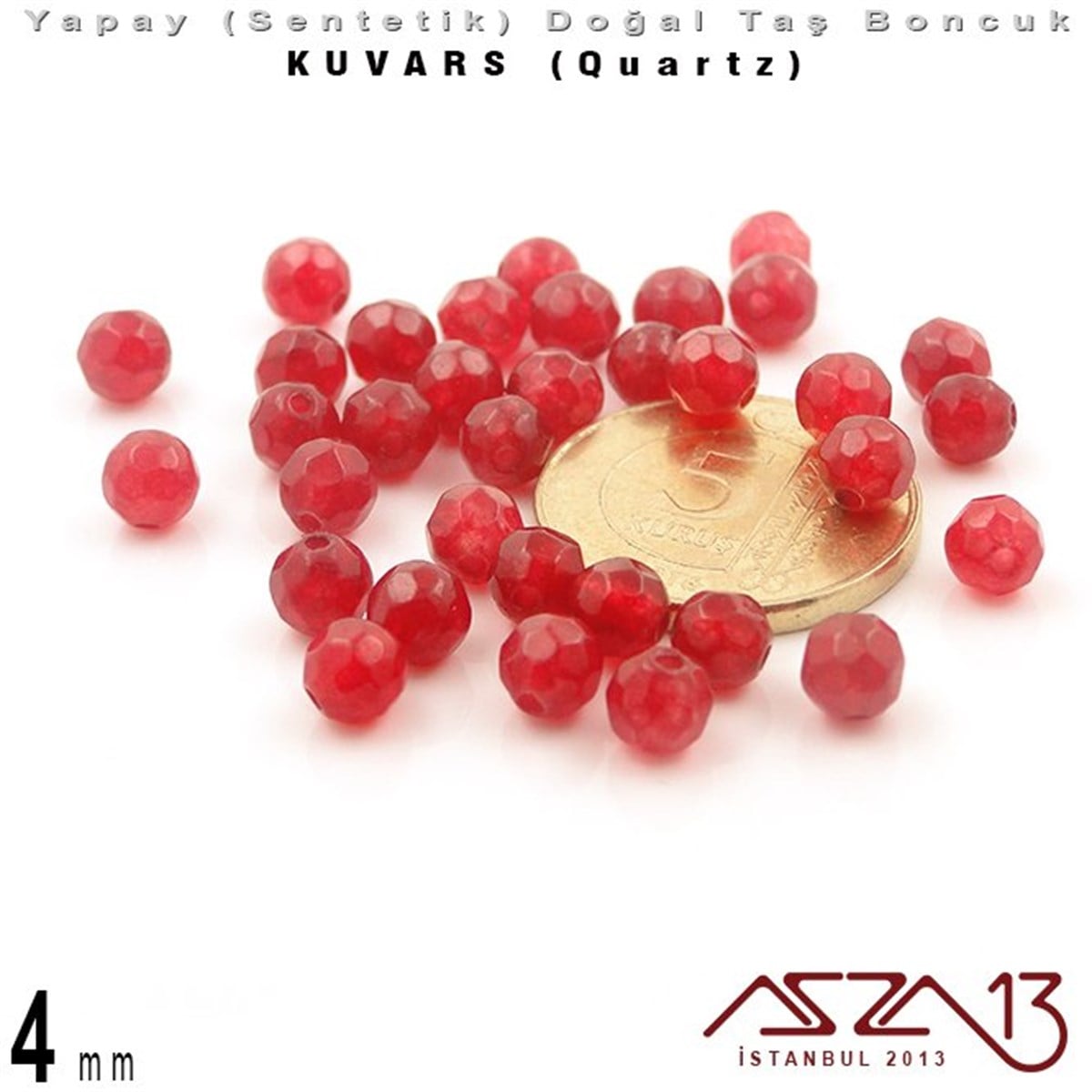 4 mm - Sentetik - Yuvarlak - Geodezik Yüzey - Kırmızı Kuvars (Red Quartz) / 34 Adet