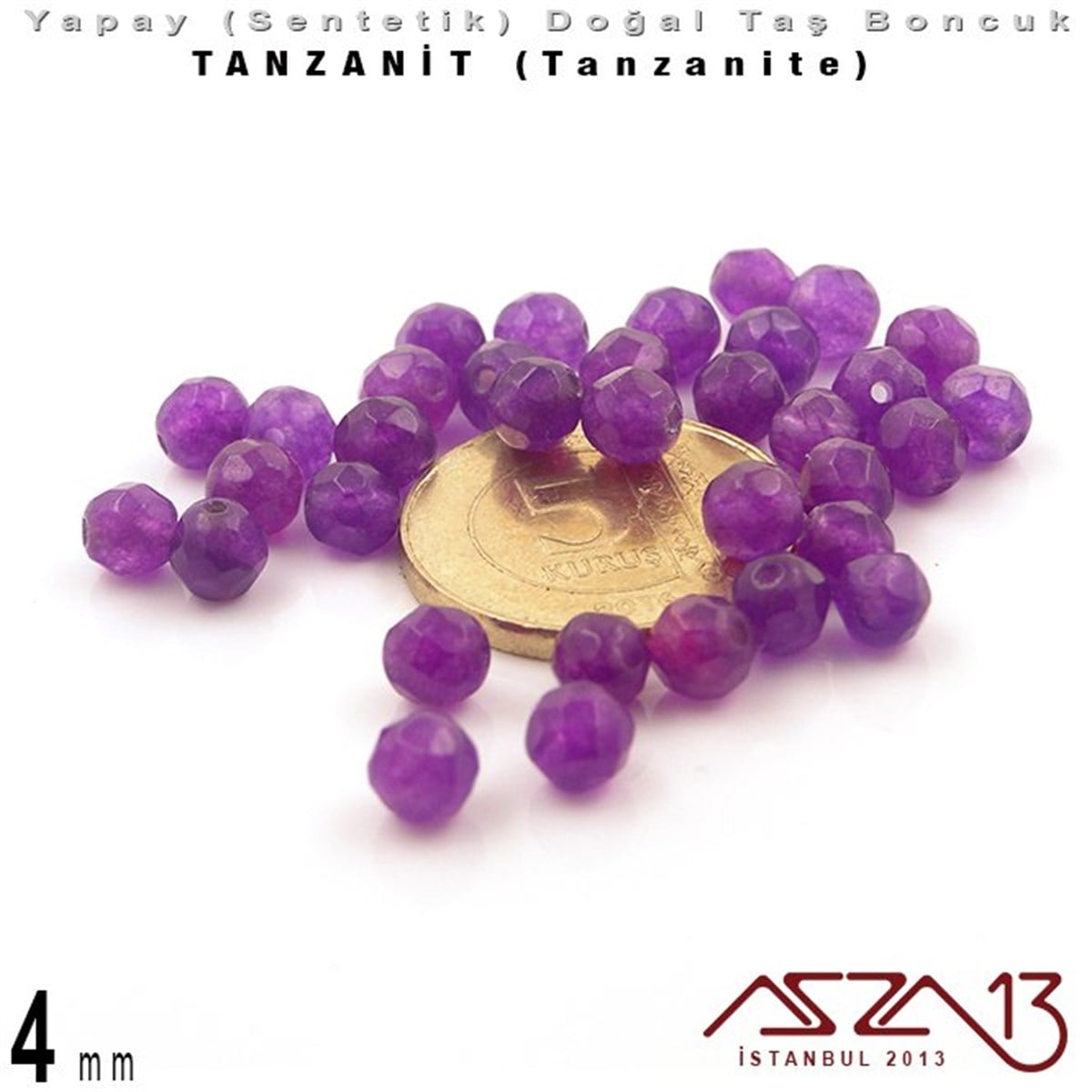 4 mm - Sentetik - Yuvarlak - Geodezik Yüzey - Tanzanit (Tanzanite) / 34 Adet