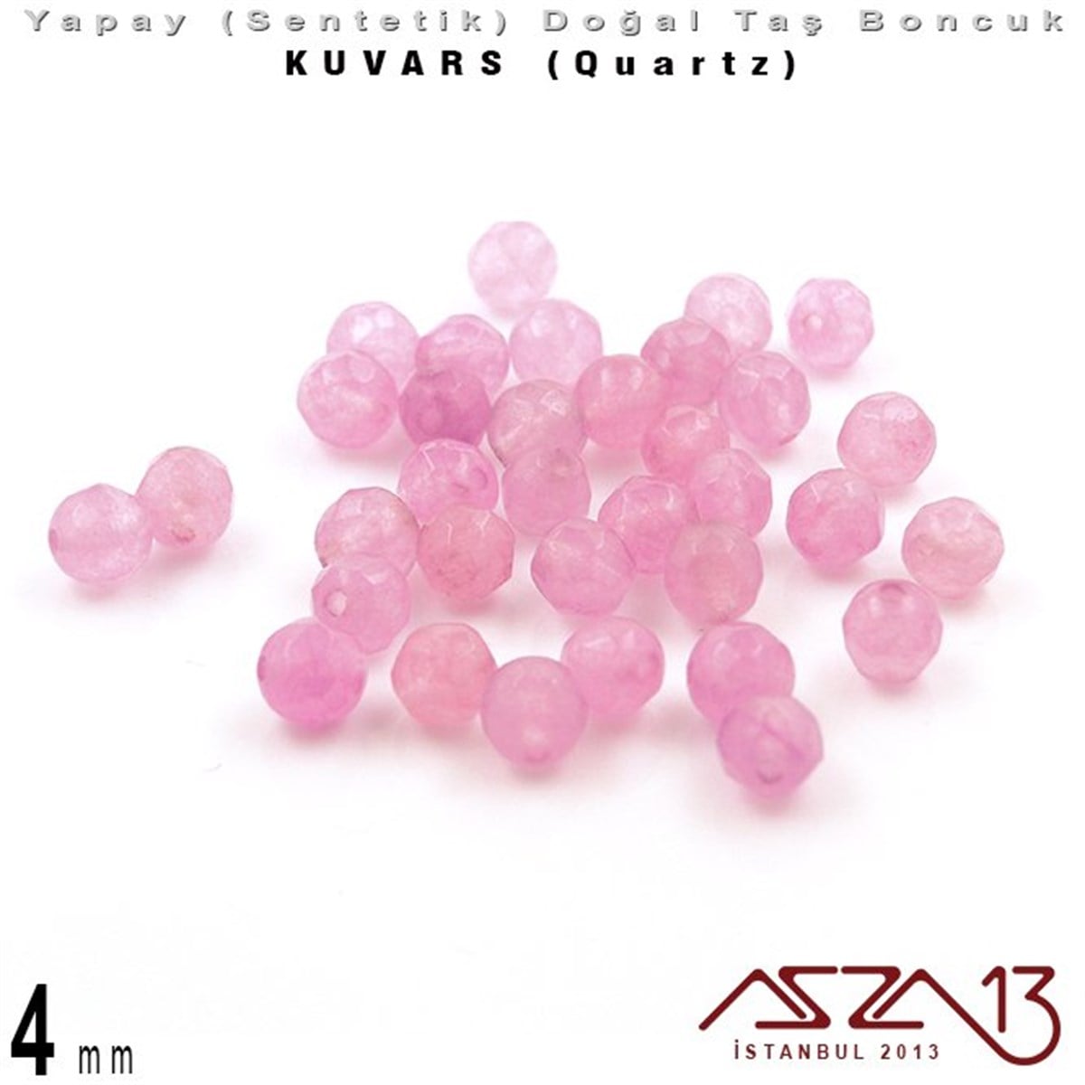4 mm - Sentetik - Yuvarlak - Geodezik Yüzey - Pembe Kuvars (Rose Quartz) / 34 Adet