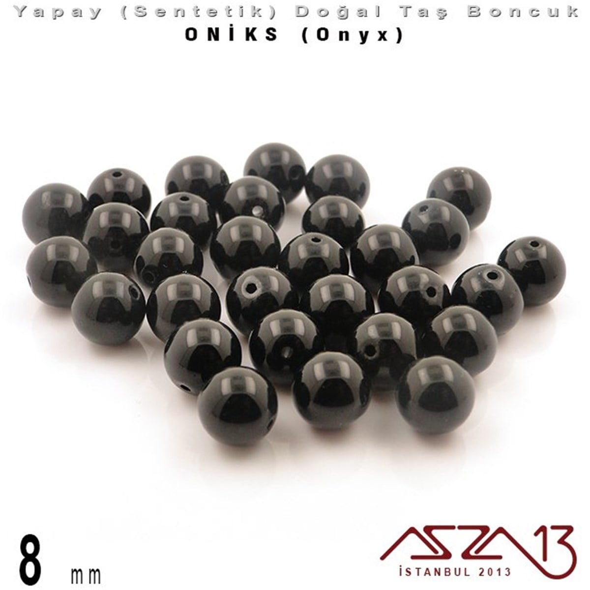 8 mm - Sentetik - Yuvarlak - Düz Yüzey - Siyah Parlak Oniks (B. Shine Onyx) / 30 Adet