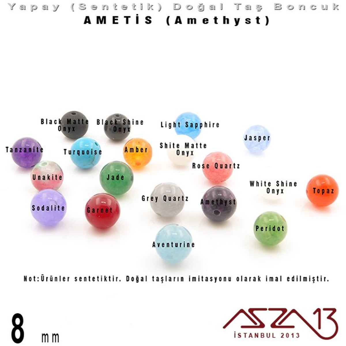 8 mm - Sentetik - Yuvarlak - Düz Yüzey - Ametis (Amethyst) / 30 Adet