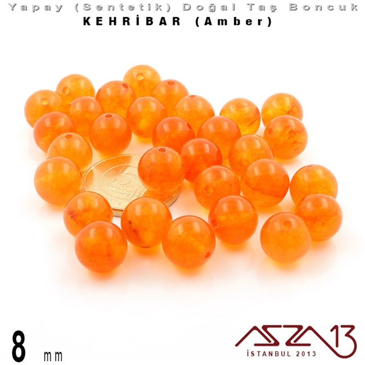 8 mm - Sentetik - Yuvarlak - Düz Yüzey - Kehribar (Amber) / 30 Adet